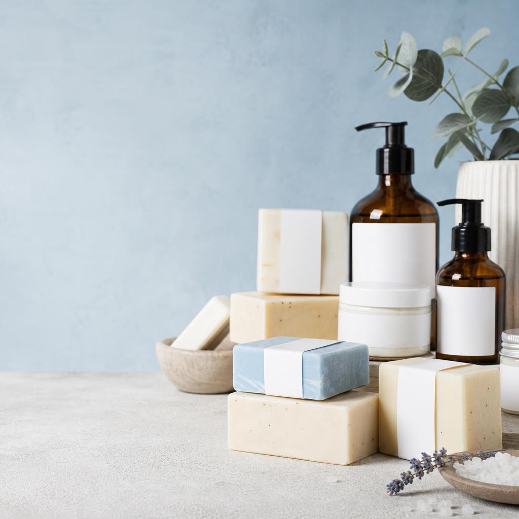 Illustrative private-label soap bars and containers
