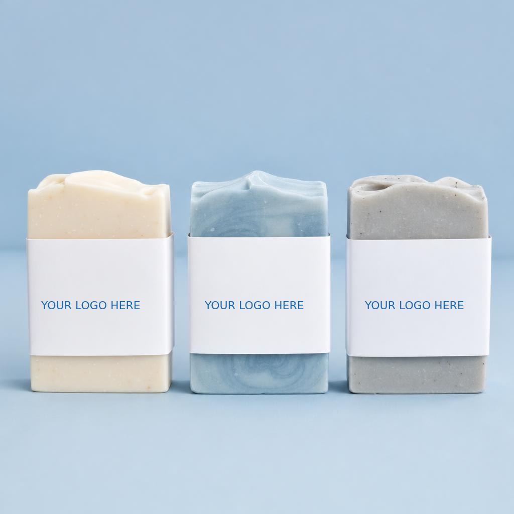 Illustrative soap bars with Your Logo Here labels