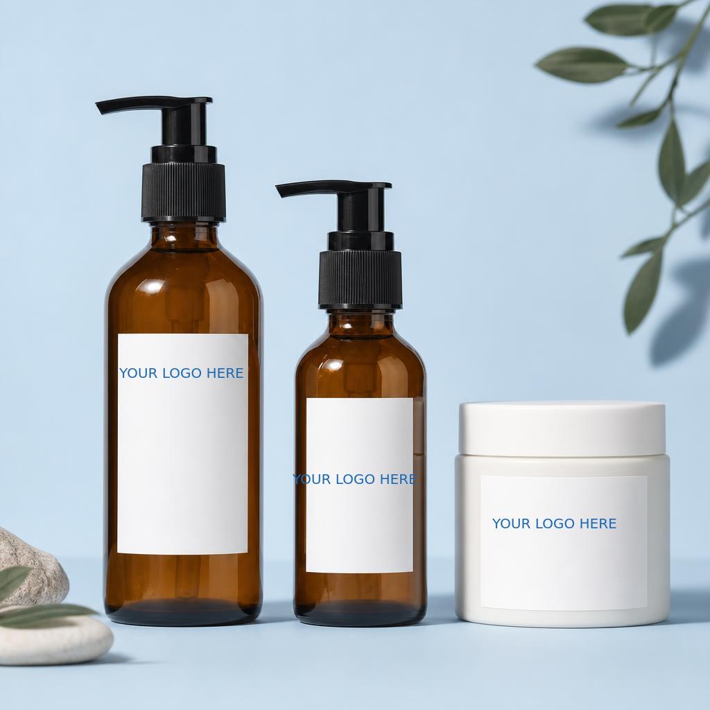 Illustrative pump bottles and jar with Your Logo Here labels